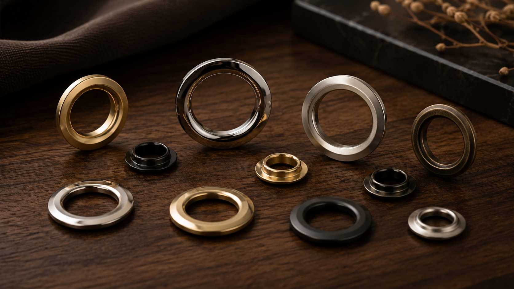 OEM grommets, The OEM grommets are displayed in different sizes and metal finishes on a wooden surface.